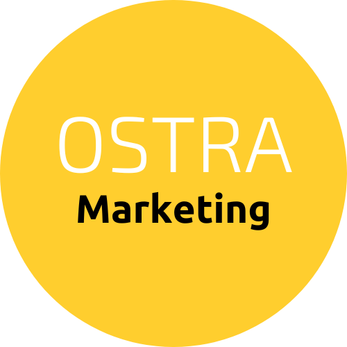 Logo de OSTRA Marketing, cercle jaune avec le titre de l'entreprise en noir et blanc